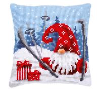 Vervaco Cross Stitch Cushion Kit - Pre-Printed Christmas Gnome on Ski - Multicoloured 40 x 40 cm