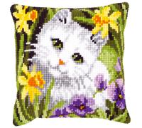 Vervaco ~ Cushion Cross Stitch Kit ~ White Cat in Daffodils