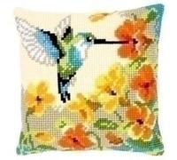 Vervaco Cushion in cross stitch using yarn. Humming Bird design. Large count printed canvas