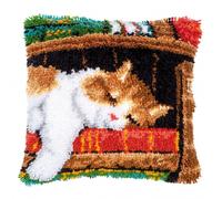 Vervaco Latch Hook Kit Cushion Cat Sleeping on Bookshelf