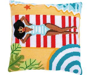 Vervaco Oblique Goblin Stitch Cushion with Beach Design, White, Approx. 40 x 40 cm