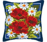 Vervaco Poppies in Blue Background Cross Stitch Cushion, Multi-Colour