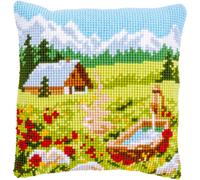 Vervaco stamped cross stitch kit cushion "Bergwiese mit Blumen und Haus", 40x40c