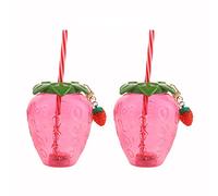 Verve Jelly 2Pack Drinking Cup with Lid and Straw Lovely Strawberry Tumbler Mug Plastic Water Bottle Resuable Cold Beverage Mug Jar for Summer Pool Tropical Party Supplies, 500ML, Pink