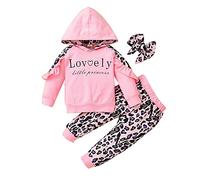 Verve Jelly Baby Girls Leopard Clothes Long Sleeve Hooded Pullover Sweatshirt Top + Print Pants + Headband 3Pcs Casual Fall Winter Outfit Pink 70 3-6 Months