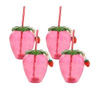 Verve Jelly Cute Strawberry Shaped Cups 4 Pcs Drinking Mugs with Straw and Strawberry Pendant Plastic Water Bottle Resuable Cold Beverage Jar for Summer Pool Tropical Party Supplies