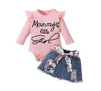 Verve Jelly Cute Toddler Baby Girl Outfits 3PCS Set Mommy's Little Girl Letters Print Romper Long Sleeve Bodysuit Tops+ Denim Skirt+Belt Outfits Pink 0-3 Months