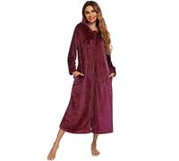 Verve Jelly Fleece Bathrobes for Women Long Hooded Robes Flannel Ladies Housecoat Zipper Front Nightgown Pajamas Wine Red XXL