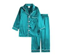 Verve Jelly Girls Long Sleeve Button Down Shirt Tops Long Pants Satin 2 Piece Pajama Set Green 110 3-4 Years
