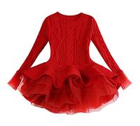 Verve Jelly Kids Girls Knitted Sweater Pullover Christmas Jumper Ruffle Tutu Princess Dresses Autumn Winter Pullover Crochet Tops Red