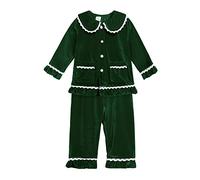 Verve Jelly Kids Toddler Girl Solid Color Pajama Outfit Fleece Ruffle Button-Down T-Shirt Top Long Pants Fall Winter Pjs Set 120 Green2 5-6 Years