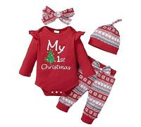 Verve Jelly Newborn Baby Girl Christmas Outfit My First Christmas Letter Print Romper Long Sleeve Bodysuit Ruffle Tops Long Pants Headband Hat Red 12-18 Months