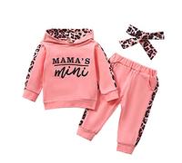 Verve Jelly Toddler Baby Girls Leopard Outfit Clothes Mama'S Mini Letter Print Hoodie Sweatshirt Top Leopard Pants 3pcs Fall Winter Clothing Set Pink 80 6-12 Months