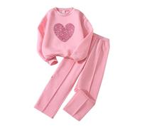 Verve Jelly Toddler Baby Girls Valentine's Day Tracksuits 2PCS Sets Long Sleeve Heart Print Pullover Sweatshirt Top Elastic Waist Trousers Pink 150 9-10 Years