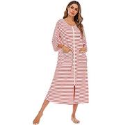 Verve Jelly Women’s Dress Long Nightgown Stripe Long Sleeve Nightdress Zipper Front Lounge Wear Round Neck with Pocket Red