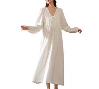 Verve Jelly Women White Nightdress Long Sleeve V Neck Vintage Nightgown Lace Victorian Lounge Dress White M