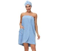 Verve Jelly Women Wrap Towel Shower Spa Wraps Terry Cloth Bathrobe Adjustable Bath Wrap with Pocket & Hair Towel Light Blue 2XL