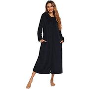 Verve Jelly Womens Robe Zipper Bathrobes Ladies Hooded Housecoat Plush Fleece Warm Sleepwear Long Pajamas Nightgown with Pocket Black M