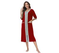 Verve Jelly Womens Robe Zipper Bathrobes Ladies Hooded Housecoat Solid Color Long Pajamas Nightgown with Pockets Wine Red M