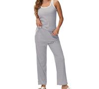 Verve Jelly Women's Summer 2 Piece Outfits Striped Lounge Sets Tracksuit Sleeveless Tank Tops Wide Leg Casual Pants Grey M