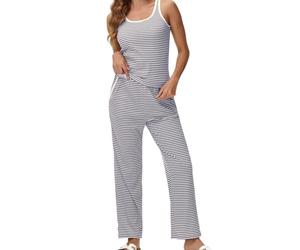 Verve Jelly Women's Summer 2 Piece Outfits Striped Lounge Sets Tracksuit Sleeveless Tank Tops Wide Leg Casual Pants Grey M