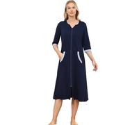 Verve Jelly Women's Zipper Robes 3/4 Sleeve Loungewear Knee Length Housecoat Bathrobe with Pockets Navy Blue S