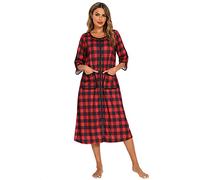 Verve Jelly Zipper Front Robes Short Sleeve & Half Sleeve Housecoat Long Housedress Plaid Loose Bathrobes with Pockets Plaid Red L