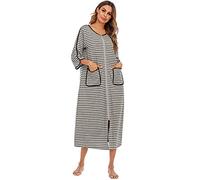 Verve Jelly Zipper Striped Loungewear Long Nightgown Women's Ultra-Soft Nightshirt Full-Length with Pocket Grey