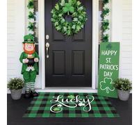 VerViento St. Patrick's Day Door Mat Green Check Lucky Clover Doormat, 24x36inch Non-Slip Low Profile Indoor Outdoor Welcome Mat for Front Door Irish Decor (A, 24x36inch)
