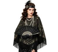 Vervora 1920s Flapper Poncho Shawl for Women, Black Gold Fringed Cape with Printed Art Deco Pattern, Roaring 20s Gatsby Style Fancy Dress Costume Accessory for Ladies Party