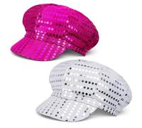 Vervora 2 Pack 70s Disco Hats for Adults, Royal Blue & Silver Sequinned Fancy Dress Party Caps, Metallic Peaked Baker Boy Hats for Women Men, 1970s Retro Costume Accessories (Royal Blue & Silver)