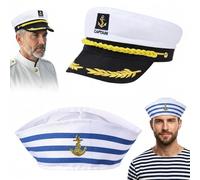 Vervora 2 Pack Adult Captain and Sailor Hat Set, White Captain Cap and Blue Striped Sailor Hat, Nautical Fancy Dress Accessories for Halloween Stag Hen Boat Cruise Yacht Party