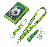 Vervora 4Pcs Football Wallet Set for Boys - Canvas Trifold Money Purse, Neck Lanyard, Wrist Strap & 3D Keyring - Kids School Bus Pass Holder & Birthday Gift (Green)