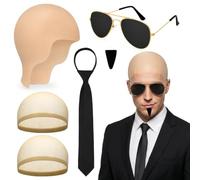 Vervora 6 Pcs Bald Cap Set for Adults, Latex Bald Head Costume Kit with Sunglasses, Black Tie, Fake Beard and Hair Nets, Funny Fancy Dress Accessories for Halloween, Stag Do and Cosplay Party