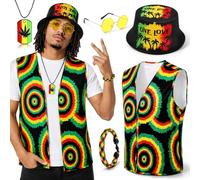 Vervora 6 Pcs Reggae Fancy Dress Costume Set for Adults, Rasta Dreadlocks Hat, Jamaican Caribbean Vest, Round Party Glasses, Leaf Garland & Inflatable Boombox for Halloween Carnival