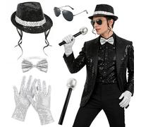 Vervora 80s Pop Star Fancy Dress Accessories Set - Black Sequin Fedora Hat with Curly Hair, Silver Gloves, Bow Tie, Sunglasses & Microphone - Retro Disco Music Legend Costume for Adults
