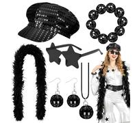 Vervora Disco Fancy Dress Accessories Set for Women - 70s Disco ABBA Style Costume Kit with Feather Boa, Sequin Cap, Star Glasses, Disco Ball Jewellery for Hen Party Theme Party (Black)