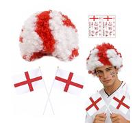 Vervora England Supporter Accessories Set with Afro Wig, 2 St George's Hand Flags & Face Stickers, Red White Fancy Dress Fan Kit for St George's Day Football Rugby Cricket Events