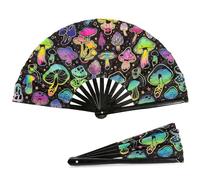 Vervora UV Glow Mushroom Folding Hand Fan Large Plastic Hand Fan Festival Decorative Folding Fan for Party, Carnival, Performance, Blacklight Neon Events (Mushroom)