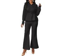 VERWIN 2 Piece Outfits Belted Long Sleeve Sweatsuit Button Up Top and Wide Leg Pants Set Shirt Tracksuit Lapel Neck Sweatshirts M Black