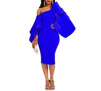 VERWIN Bodycon Dress for Woman Long Sleeve Knee-Length Ruffle Sleeve Off Shoulder Evening Dress Blue