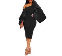 VERWIN Bodycon Dress for Woman Long Sleeve Knee-Length Ruffle Sleeve Off Shoulder Evening Dress L Black