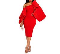 VERWIN Bodycon Dress for Woman Long Sleeve Knee-Length Ruffle Sleeve Off Shoulder Evening Dress XL Red