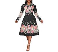 VERWIN Lapel Three-Quarter Sleeve Knee Length Pleated Floral Women's Sheath Dress M Black