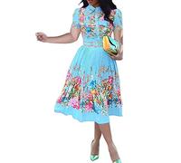 VERWIN Lapel Three-Quarter Sleeve Knee Length Pleated Floral Women's Sheath Dress (Medium, Blue Short Sleeve)