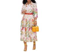 VERWIN Lapel Three-Quarter Sleeve Knee Length Pleated Floral Women's Sheath Dress (Medium, Light Pink)