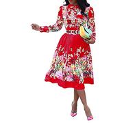 VERWIN Lapel Three-Quarter Sleeve Knee Length Pleated Floral Women's Sheath Dress (X-Large, Red)