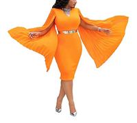 VERWIN Long Sleeve Round Neck Patchwork Plain Women's Bodycon Dress Flare Sleeve Midi Dress (X-Large, Orange)