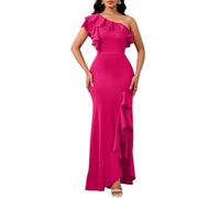 VERWIN One Shoulder Bodycon Ruffle Split Sleeveless Floor Length Prom Party Cocktail Maxi Dress XXL Rose