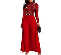 VERWIN Patchwork Overlay Embellished Plain Women's Jumpsuit High-Waist Woman Romper (Large, Red Sequin)